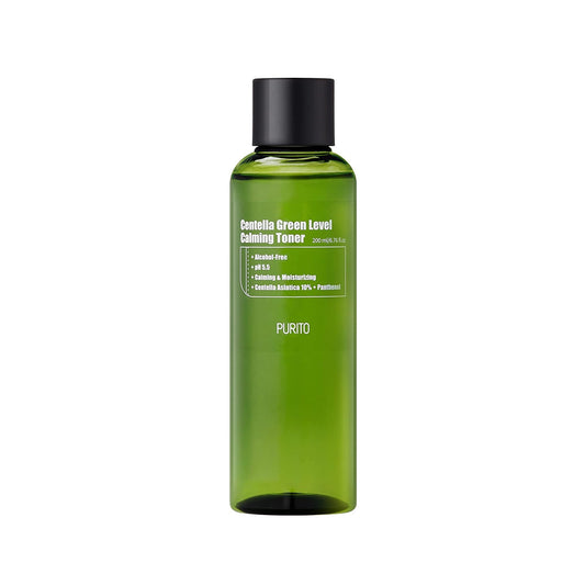 PURITO Centella Green Level Calming Toner is a soothing and hydrating toner enriched with Centella Asiatica Extract to calm and refresh sensitive skin. With added hyaluronic acid and panthenol, it delivers deep hydration while promoting a healthy, balanced complexion. Natural plant oils, including Bergamot and Rose Flower Oil, provide a subtle, calming aroma, making this toner perfect for daily use to soothe and revitalize the skin. Ideal for all skin types, especially sensitive skin.