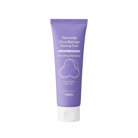 PURITO Dermide Cica Barrier Sleeping Pack is an overnight treatment designed to repair and strengthen the skin barrier while you sleep. Formulated with soothing Centella Asiatica Extract and hydrating ingredients like Squalane, Jojoba Oil, and Ceramides, it provides deep moisture and promotes skin recovery. Enriched with Panthenol and Hyaluronic Acid, this sleeping pack locks in hydration, leaving your skin soft, smooth, and revitalized by morning. Perfect for sensitive or dry skin, it helps restore balance